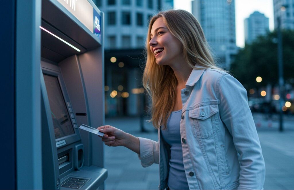 Woman using a reverse ATM to get a prepaid reverse ATM debit card.