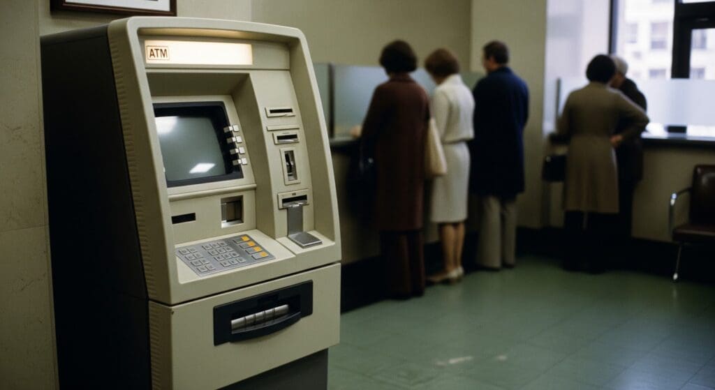 A vintage ATM machine sits in the foreground of a bank, with several people waiting to deposit money at teller windows in the background. Perfect for illustrating what is an ATM and its role in banking.
