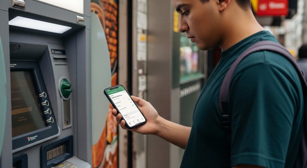 A person stands at an Automated Teller Machine, holding a smartphone with a banking app to deposit money. Wearing a green shirt and carrying a backpack, they use the ATM in an urban setting to manage their finances efficiently.