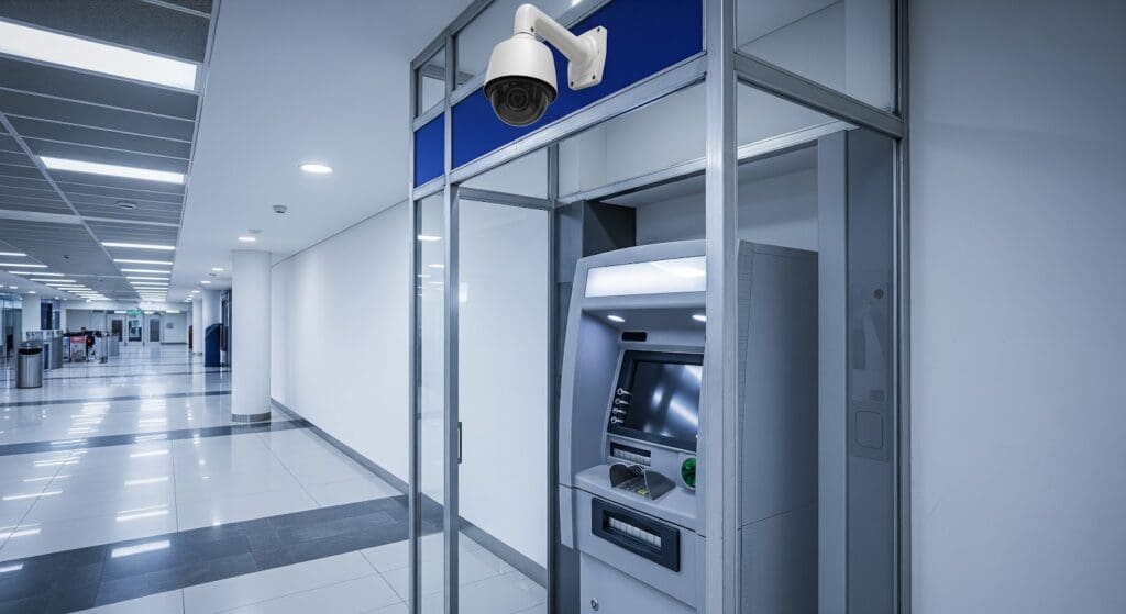 An indoor Automated Teller Machine (ATM) booth with a security camera mounted above, located in a bright, empty corridor with white walls and tiled floors—ideal for those looking to deposit money or withdraw cash securely.
