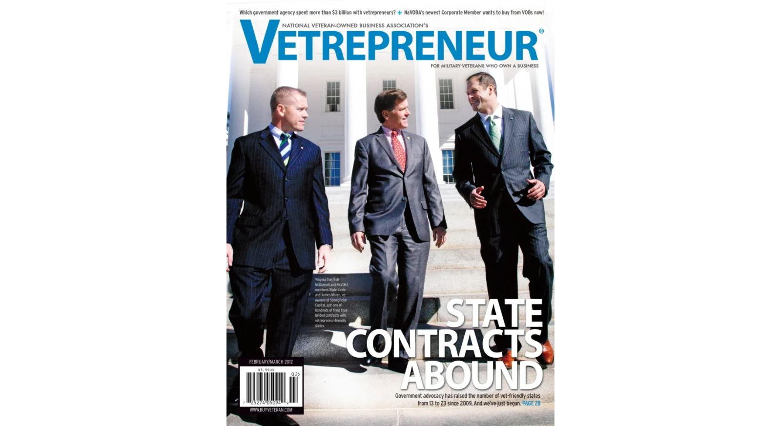 Three men in suits walk down outdoor steps, engaged in conversation, on the cover of Vetrepreneur magazine. The headline reads State Contracts Abound. The background features a large white-columned building.