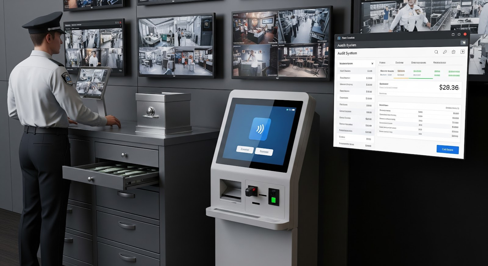 A security guard stands at a control panel with surveillance screens on the wall. Nearby, a self-service kiosk displays a contactless payment symbol and features a digital audit system with a compliance checklist showing transaction details.