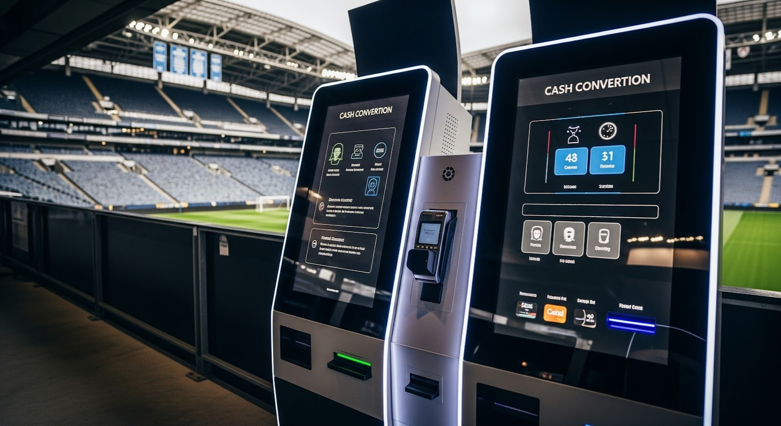 Two modern cash conversion kiosks with digital screens are set up in a stadium overlooking empty spectator seats and a football field. The screens display options and transaction details.