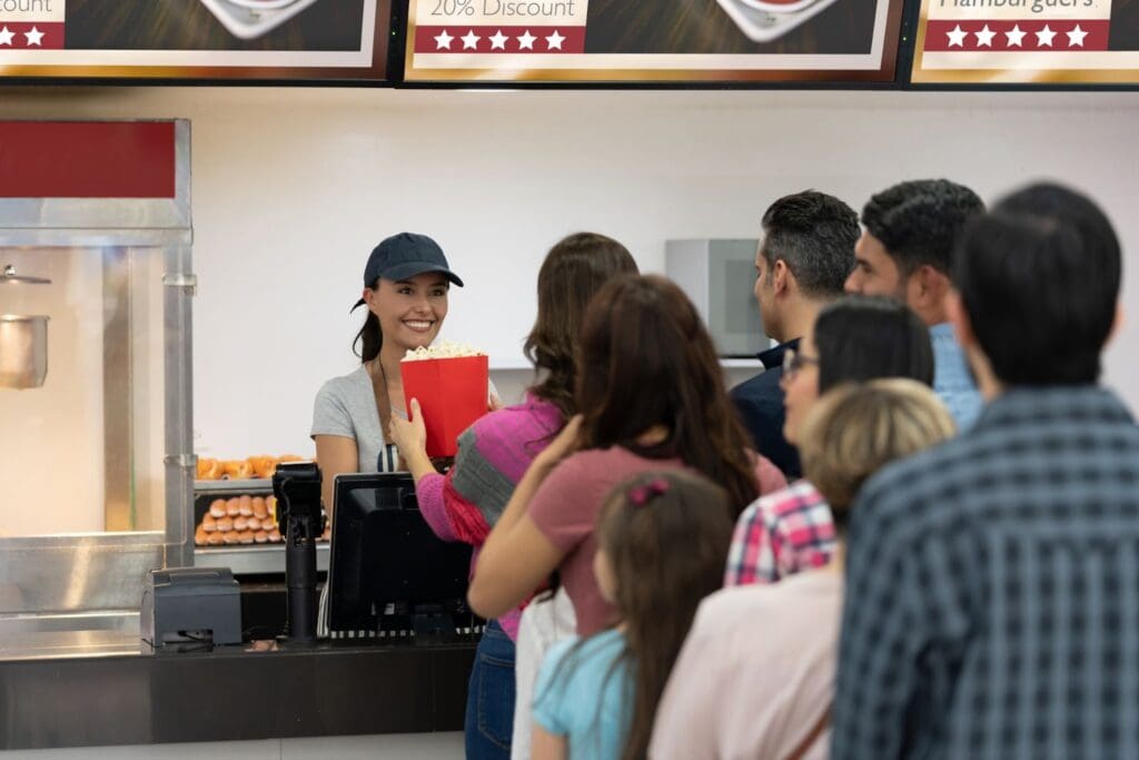 A smiling cashier hands a large popcorn to a customer at a concession stand near reverse ATMs, while a line of people, including children and adults, waits to order. Signs above advertise discounts.