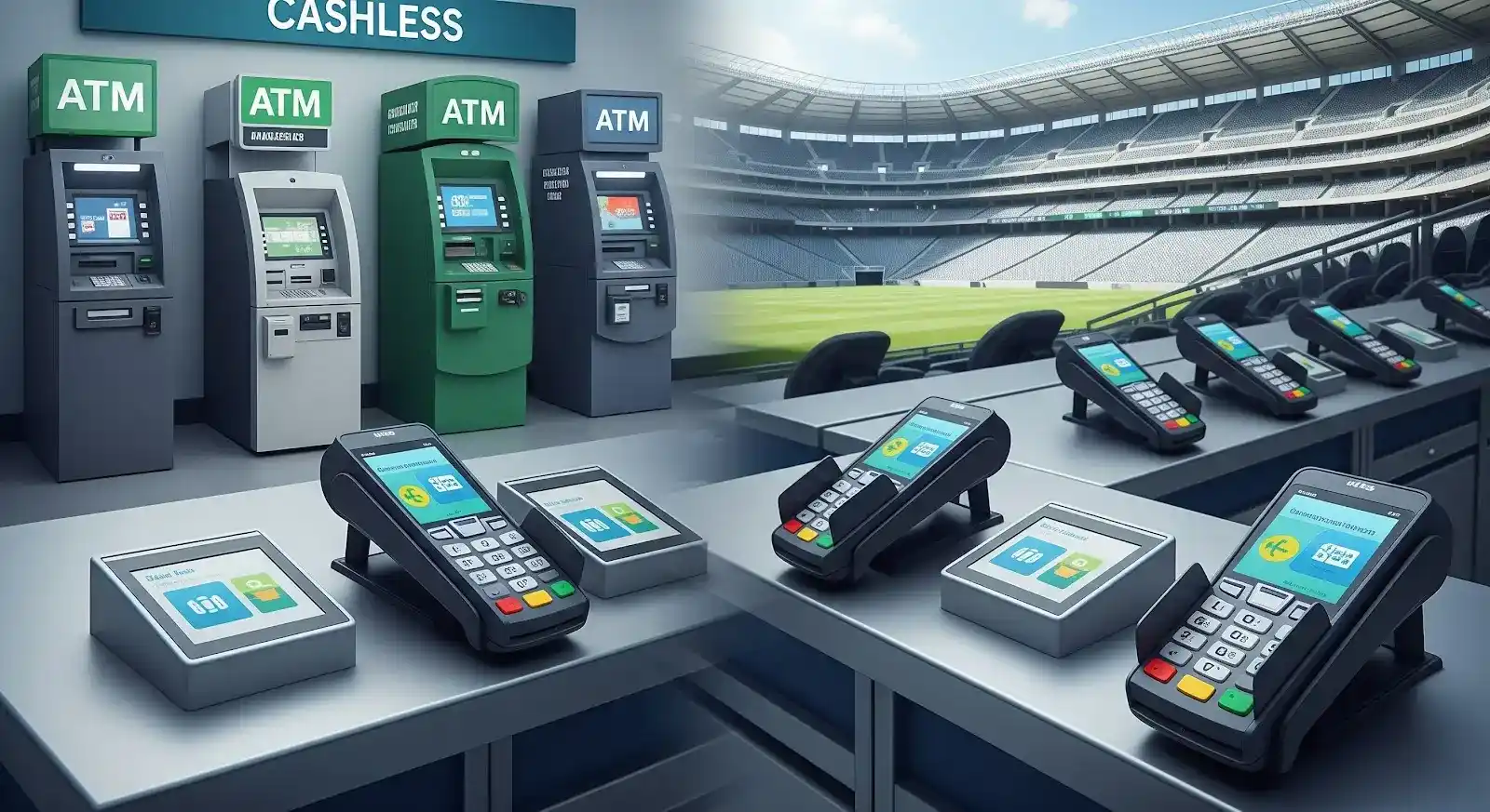 A row of ATMs and cashless payment terminals is set up in a stadium, highlighting electronic payment options and a shift away from cash transactions.