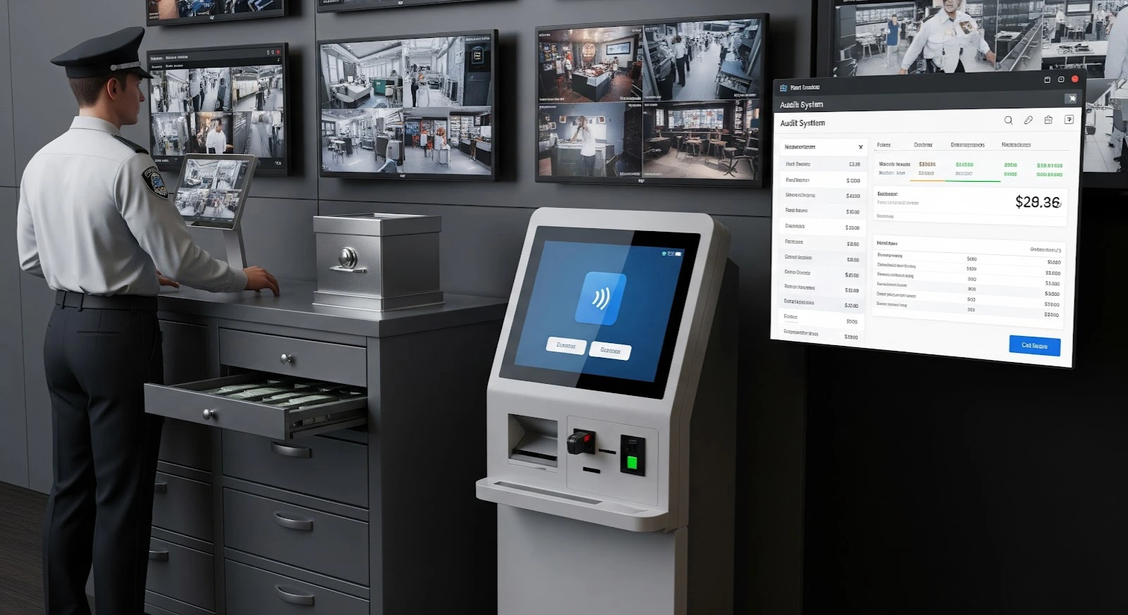 A security guard stands at a workstation with surveillance monitors, a cash drawer, and a touchscreen kiosk. A digital audit system interface is displayed, showing transaction details.