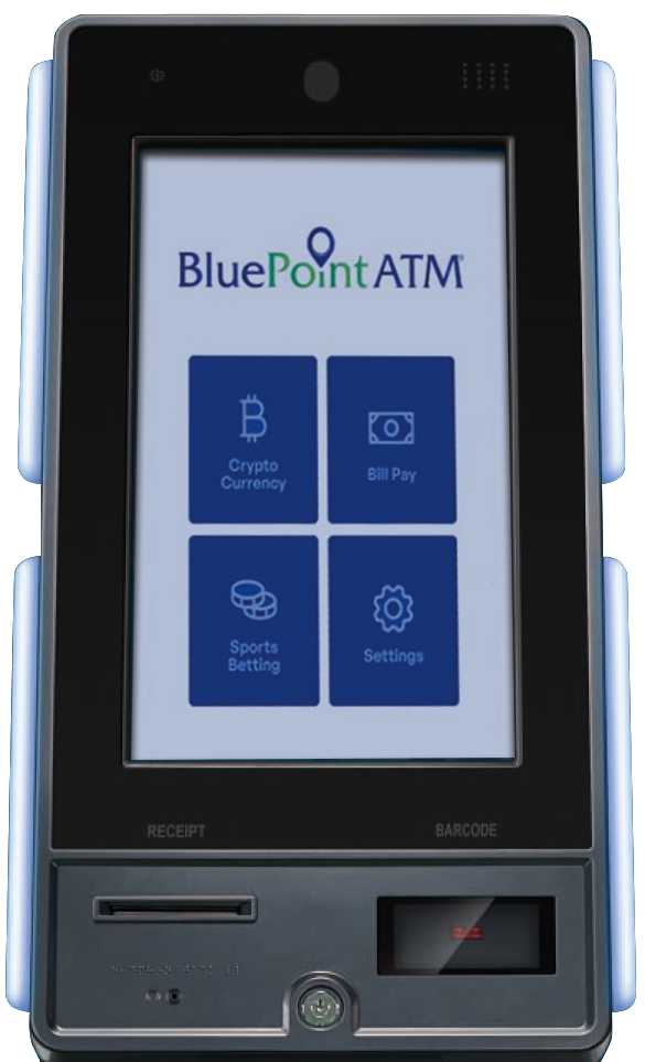 A touchscreen BluePoint ATM displaying four options: Crypto Currency, Bill Pay, Sports Betting, and Settings. Below the screen are slots labeled Receipt and Barcode.