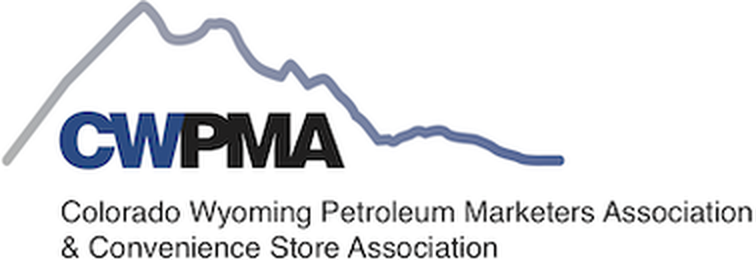 Logo for Colorado Wyoming Petroleum Marketers Association & Convenience Store Association. CWPMA is written with CW in blue and PMA in black, with a stylized mountain line above the text.