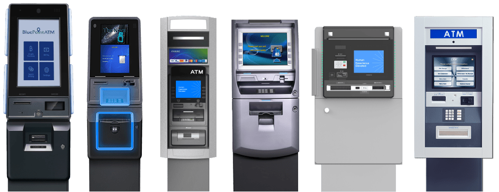 Six different ATM machines are lined up side by side, each with unique designs, screens, keypads, and card slots, showcasing a variety of modern banking interfaces.