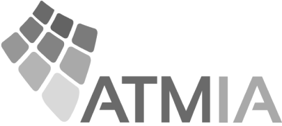 The image shows the ATMIA logo, featuring a cluster of diamond shapes in gradient gray tones to the left of the bold uppercase text ATMIA.