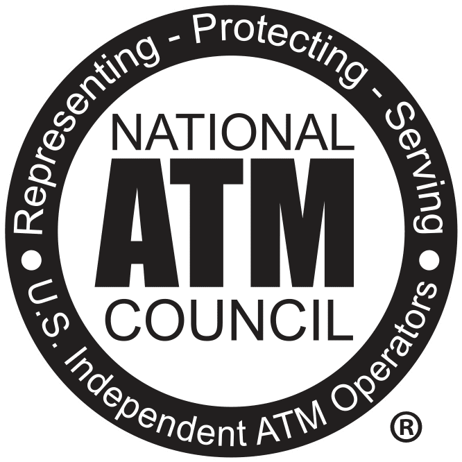 Logo of the National ATM Council, with large bold text ATM in the center, surrounded by the phrases Representing - Protecting - Serving U.S. Independent ATM Operators in a circular border.