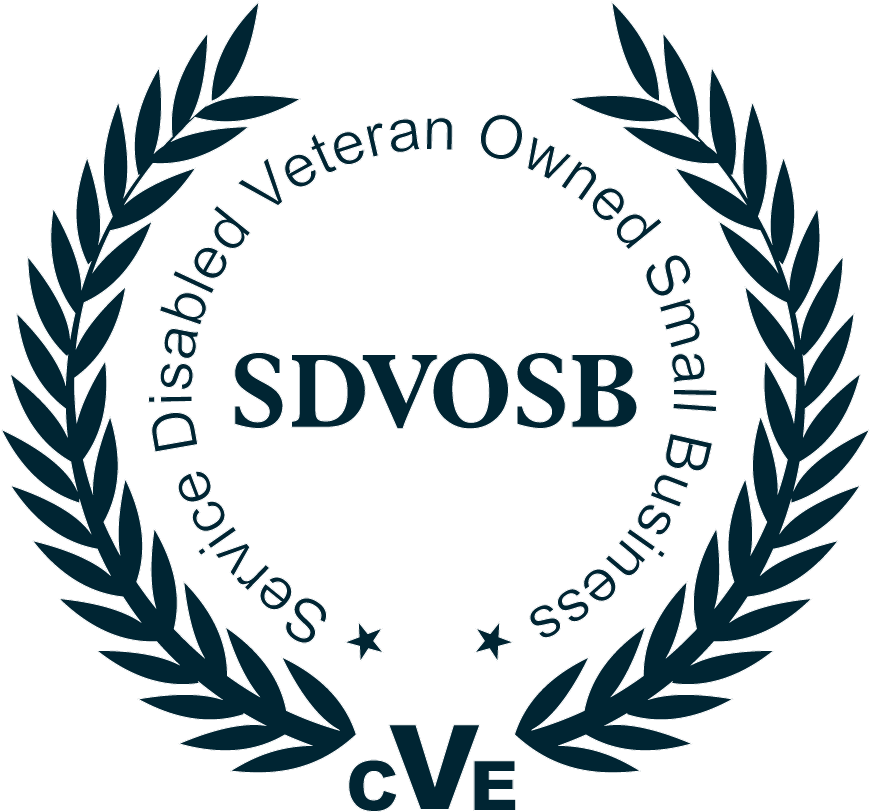 A circular laurel wreath surrounds the text SDVOSB with Service Disabled Veteran Owned Small Business written around the inner edge; CVE appears at the bottom with two small stars beside it.